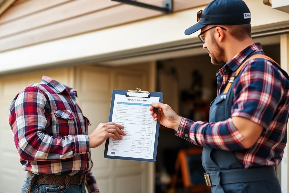 Professional garage door contractor explaining installation pricing to homeowner