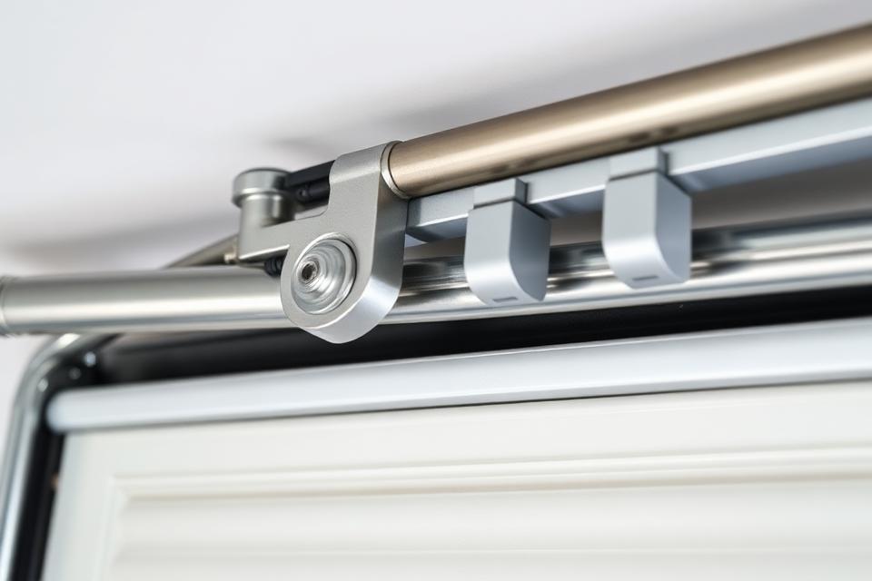 Close-up of garage door rollers and track system for roller replacement guide
