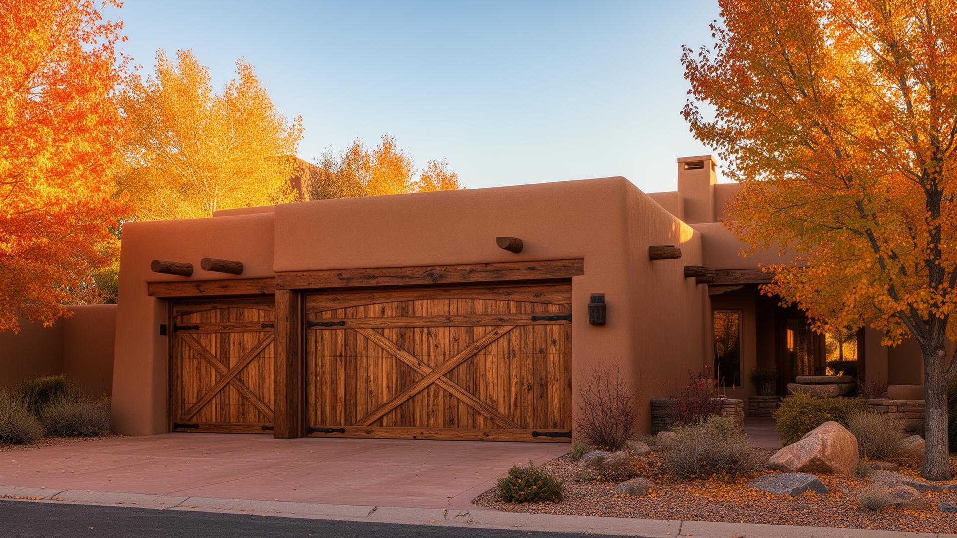 Luxury home with rustic wood grain textured garage doors featuring iron strap hinges